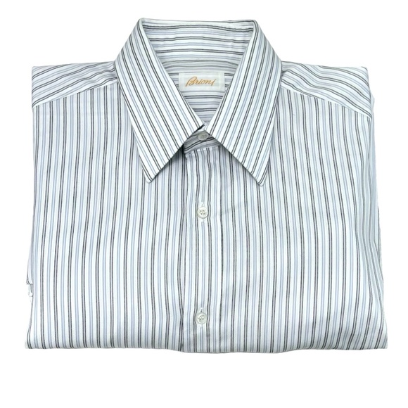 BRIONI WHITE WITH BLUE, BLACK & GRAY STRIPES DRESS SHIRT - Picture 1 of 11